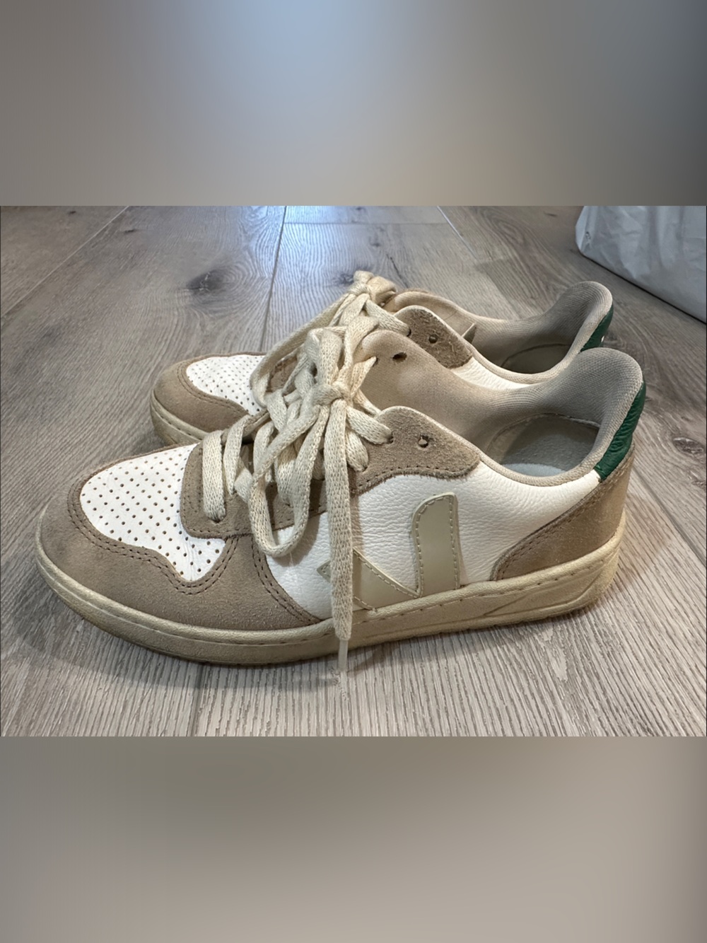 Veja Beige White Green Suede Leather Sneakers